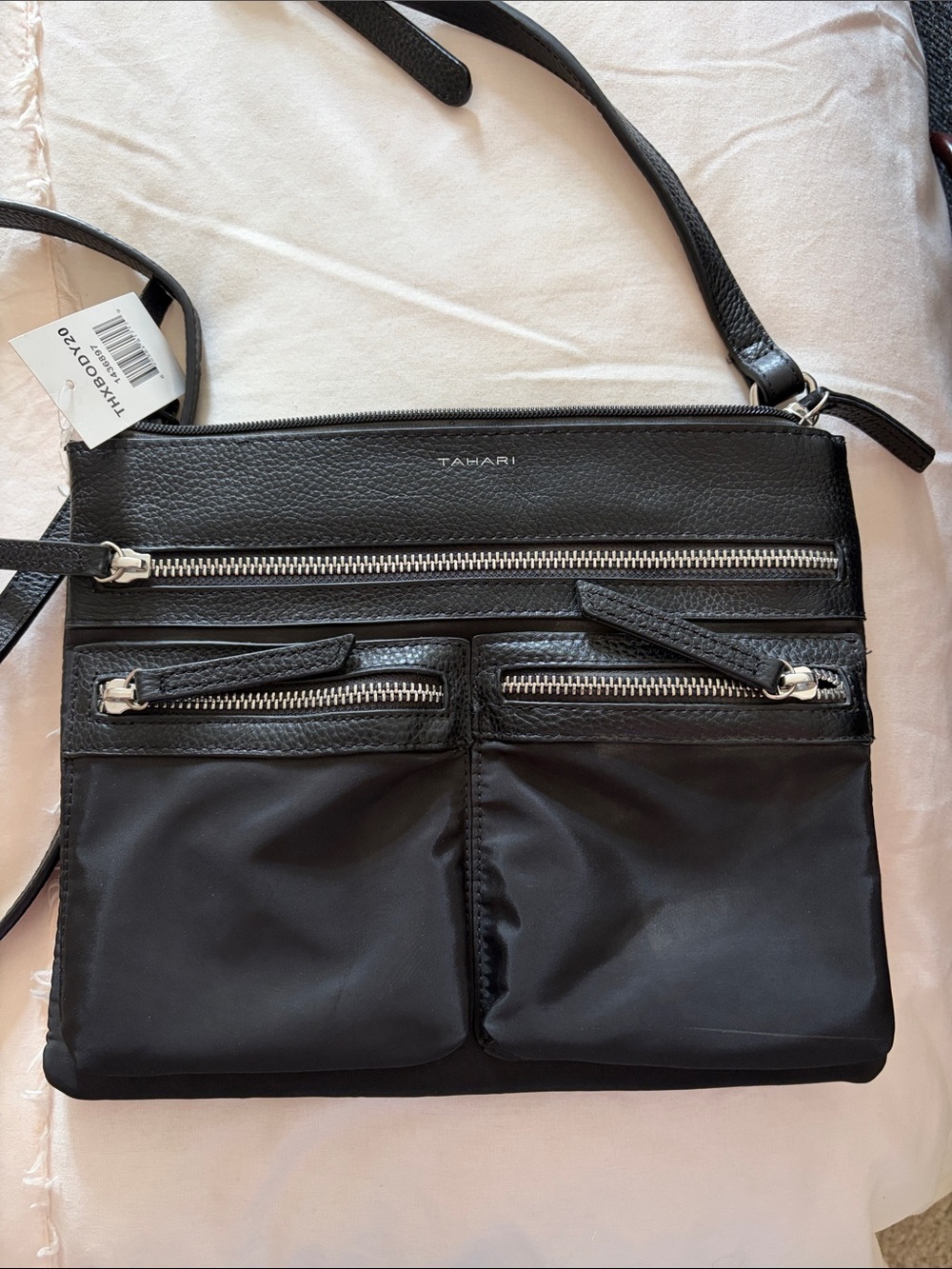 Tahari Black Nylon and Leather Trim Crossbody Bag with Silver Hardware